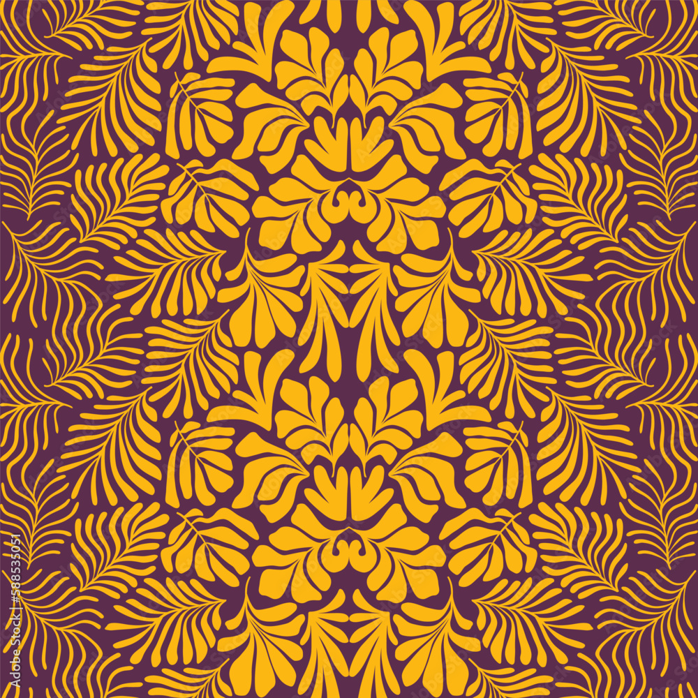 Brown yellow abstract background with tropical palm leaves in Matisse style. Vector seamless pattern with Scandinavian cut out elements.