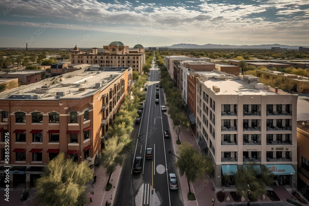 Fototapeta premium A street with cars and buildings Generative AI
