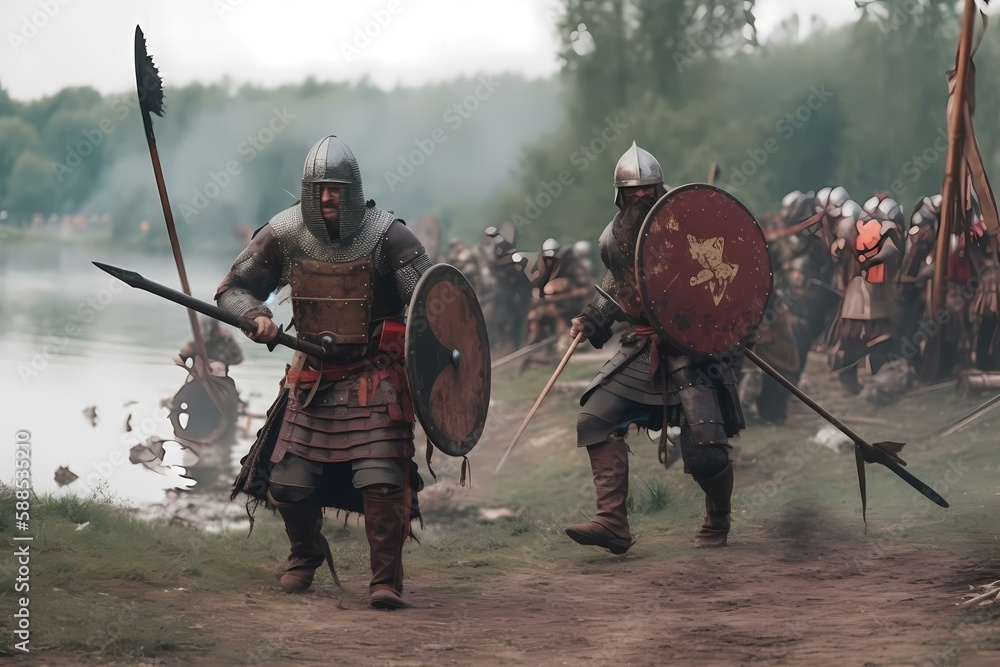 A group of people in armor holding shields and shields Generative AI A group of people in armor holding shields and shields Generative AI