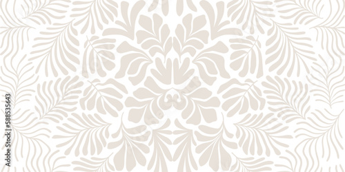Beige white abstract background with tropical palm leaves in Matisse style. Vector seamless pattern with Scandinavian cut out elements.