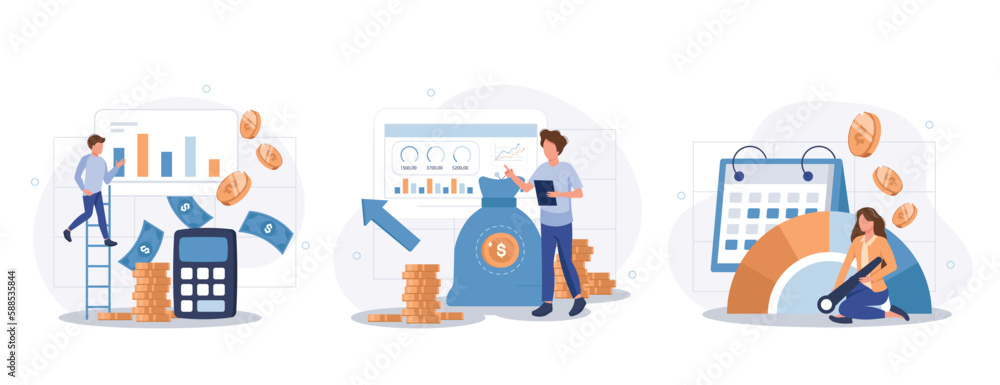 Cost optimization concept set. Idea of financial and marketing strategy. Cost and income balance. Spending and cost reduction, while maximizing business value. Isolated flat illustration vector Cost optimization concept set. Idea of financial and marketing strategy. Cost and income balance. Spending and cost reduction, while maximizing business value. Isolated flat illustration vector