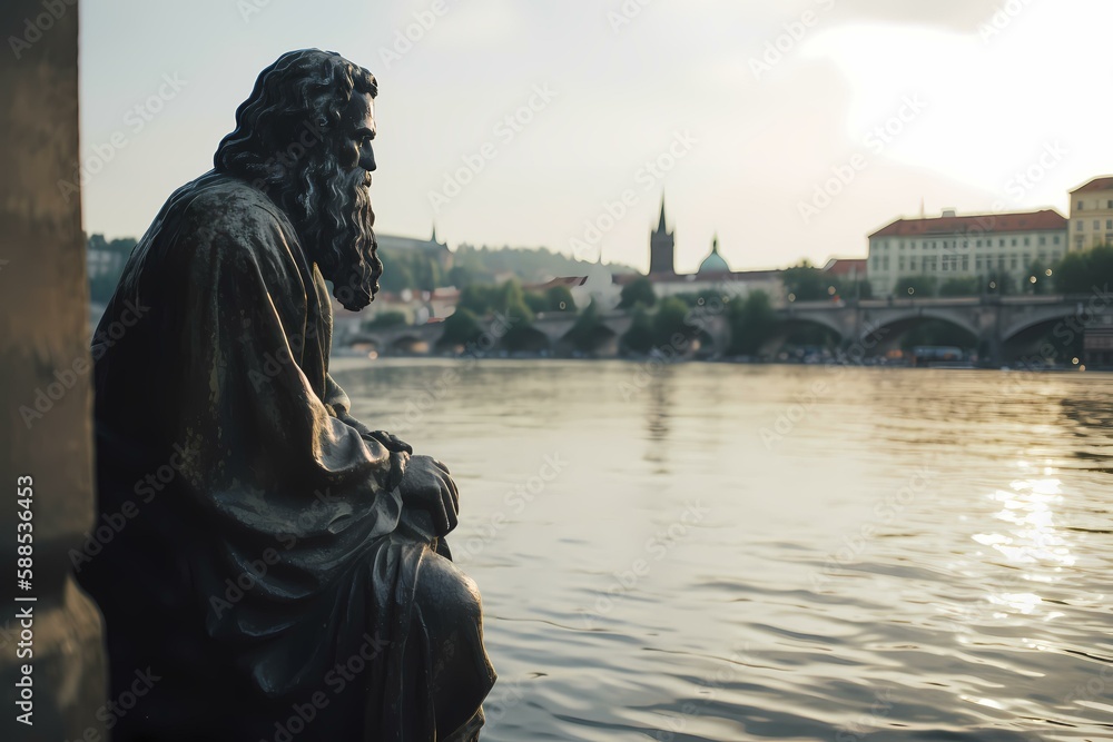 A statue of a person by a river with buildings in the background Generative AI