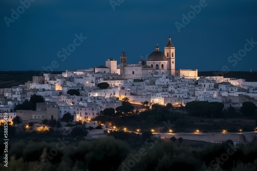 A large white building with towers and domes at night with matera in the background Generative AI