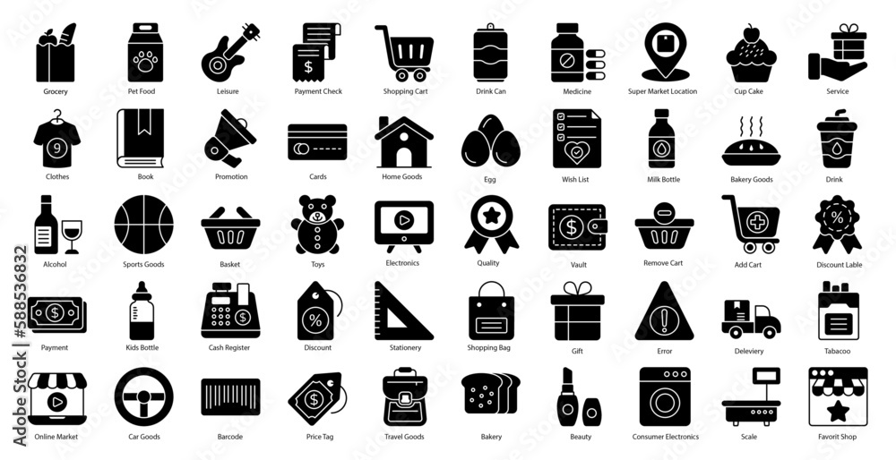 Super Market Glyph Icons Shopping Shop Icon Set in Glyph Style 50 Vector Icons in Black