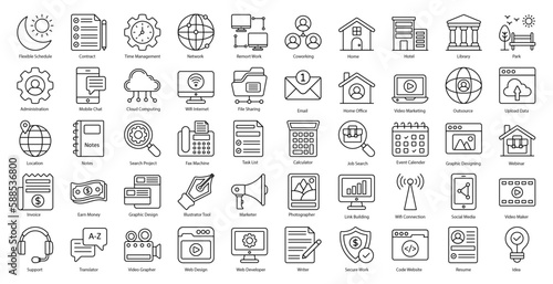 Freelancer Thin Line Icons Remote Work Icon Set in Outline Style 50 Vector Icons in Black