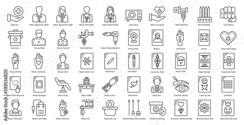 Tattoo Thin Line Icons Tattoos Body Suit Icon Set in Outline Style 50 Vector Icons in Black
