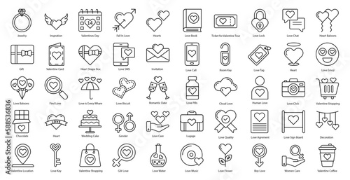 Valentines Day Thin Line Icons Romantic Date Icon Set in Outline Style 50 Vector Icons in Black
