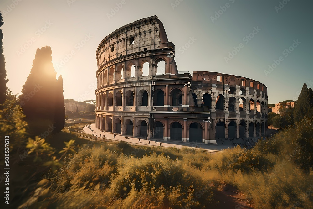 A large building with a large archway with colosseum in the background Generative AI