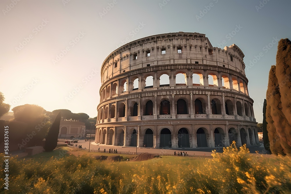 A large circular building with many arches with colosseum in the background Generative AI
