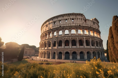 A large circular building with many arches with colosseum in the background Generative AI