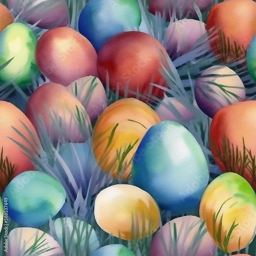 easter eggs on a greenish grassy background, seamless digital pattern, watercolor style
