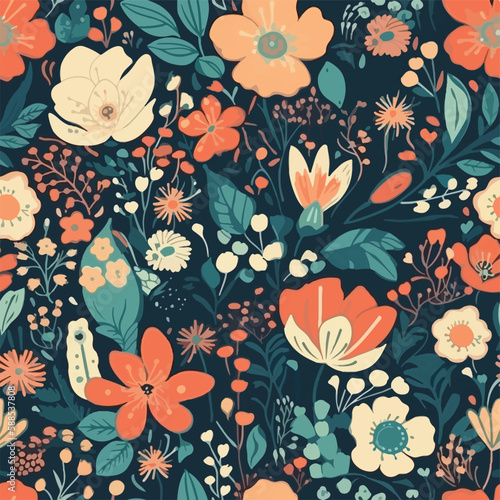 Seamless floral pattern background, bright flowers on a dark blue background for textile, wallpaper, pattern fills, covers, surface, print, gift wrap, scrapbooking, decoupage, digital, social media