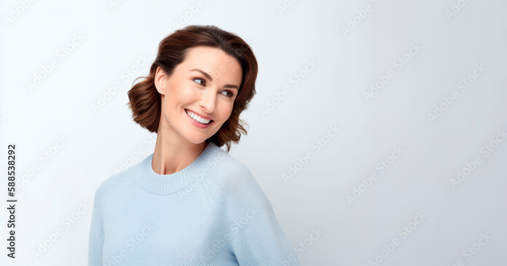 Portrait of a beautiful smiling woman in blue sweater on white background Portrait of a beautiful smiling woman in blue sweater on white background