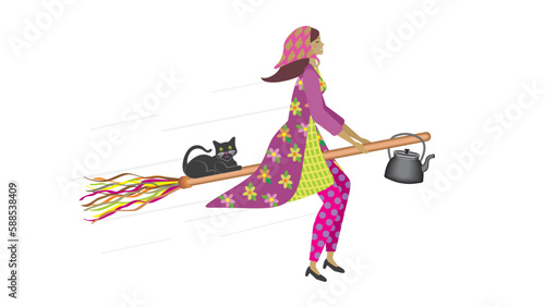 Easter witch, in Swedish called Påskkärring (Sweden), flying on traditional broom with coffee kettle and black cat. Isolated Vector illustration.