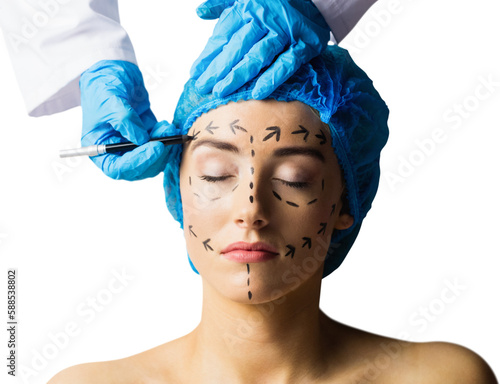 Peaceful young patient with dotted lines on the face photo