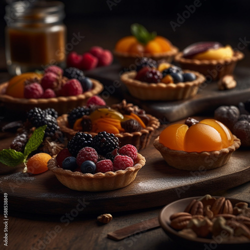 mini-gâteaux français (mini French cakes), macarons, madeleines, éclairs, financiers, cannelés, tartes (tarts), mignardises (small pastries), choux à la crème (cream puffs), calissons, croissants, pai