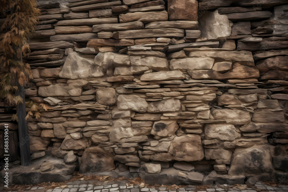 Fototapeta premium A stone wall with a tree Generative AI