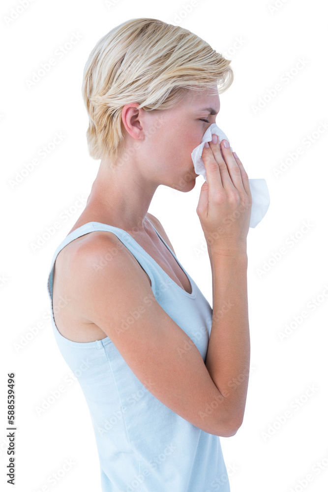 Profile view of attractive woman blowing her nose Profile view of attractive woman blowing her nose