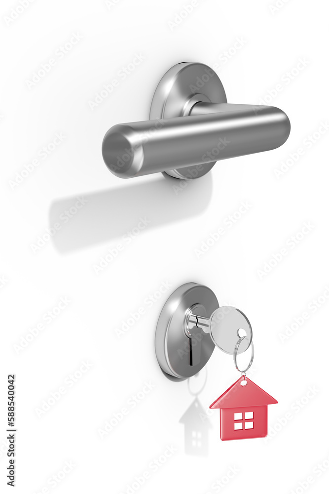 Digitally generated image of metallic doorknob and lock with red key ring Digitally generated image of metallic doorknob and lock with red key ring