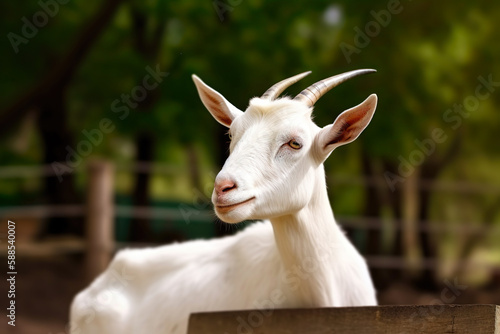 Portrait of a white goat with horns on a background of green trees