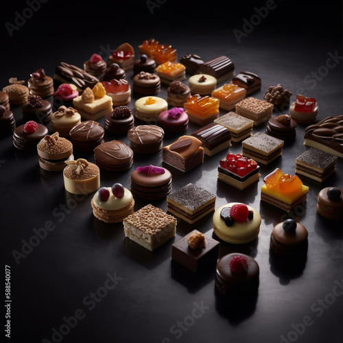 mini-gâteaux français (mini French cakes), macarons, madeleines, éclairs, financiers, cannelés, tartes (tarts), mignardises (small pastries), choux à la crème (cream puffs), calissons, croissants, pai