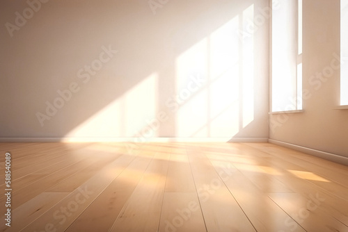 Empty room with sunlight and wooden floor. 3D Rendering.