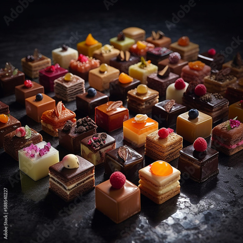 mini-gâteaux français (mini French cakes), macarons, madeleines, éclairs, financiers, cannelés, tartes (tarts), mignardises (small pastries), choux à la crème (cream puffs), calissons, croissants, pai