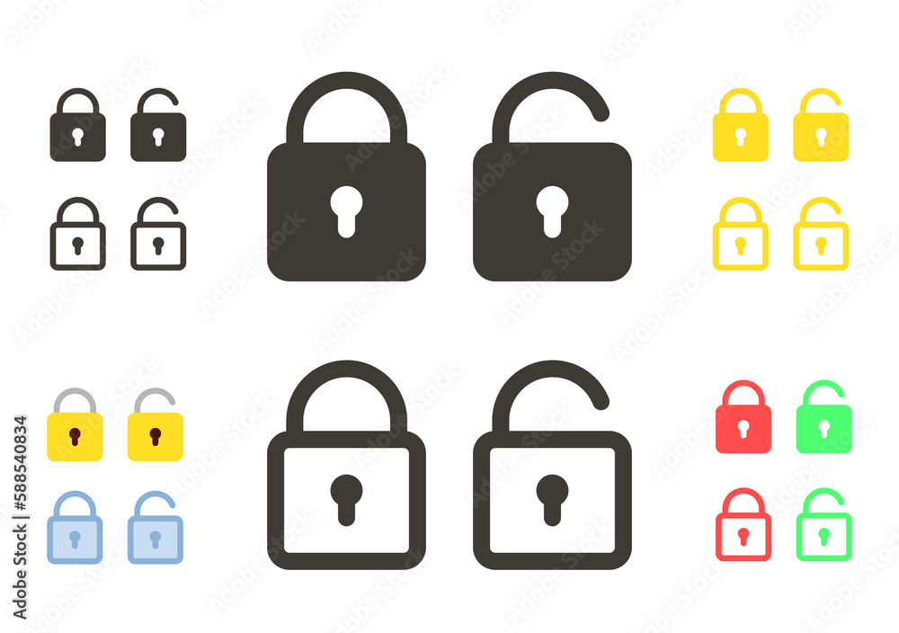Vector icon set of lock icons. Lock and unlock symbols in different styles. Open unlocked and closed locked graphic elements Vector icon set of lock icons. Lock and unlock symbols in different styles. Open unlocked and closed locked graphic elements