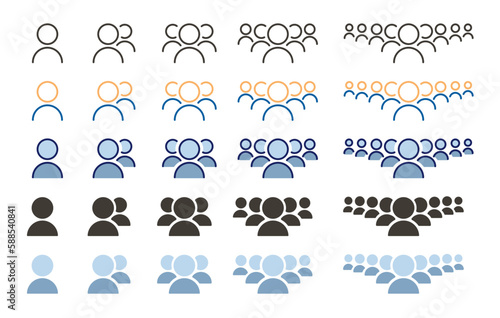 Set of vector icons of a person, a team, crowd, multiple persons in 4 different styles and with multiple number of people.