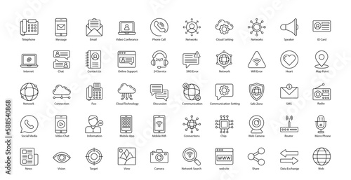 Communication Thin line Icons Chatting Chat Discuss Icon Set in Outline Style 50 Vector Icons in Black