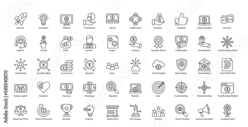 Crowd Funding Thin Line Icons Finance Financial Business Icon Set in Outline Style 50 Vector Icons in Black