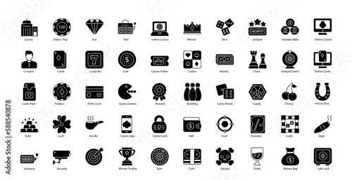 Casino Glyph Icons Gambling Gamble Game Icon Set in Glyph Style 50 Vector Icons in Black