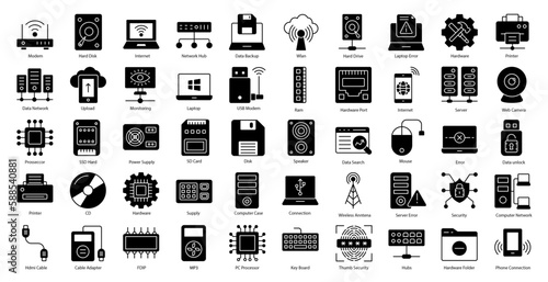 Hardware Glyph Icons Computer Technology Icon Set in Glyph Style 50 Vector Icons in Black