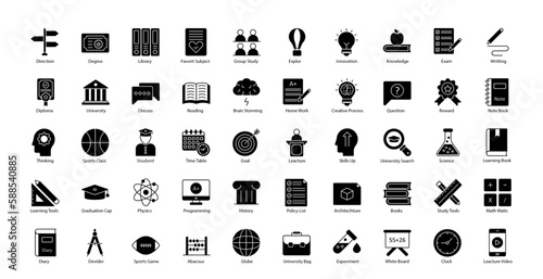 University Glyph Icons Student Education Icon Set in Glyph Style 50 Vector Icons in Black