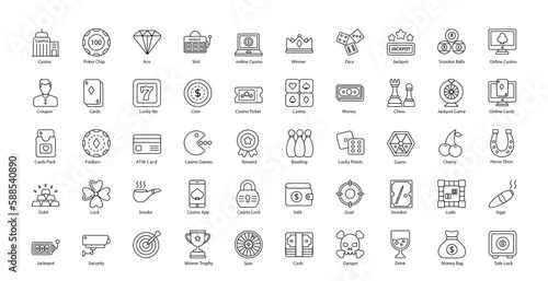 Casino Thin Line Icons Gambling Gamble Game Icon Set in Outline Style 50 Vector Icons in Black photo