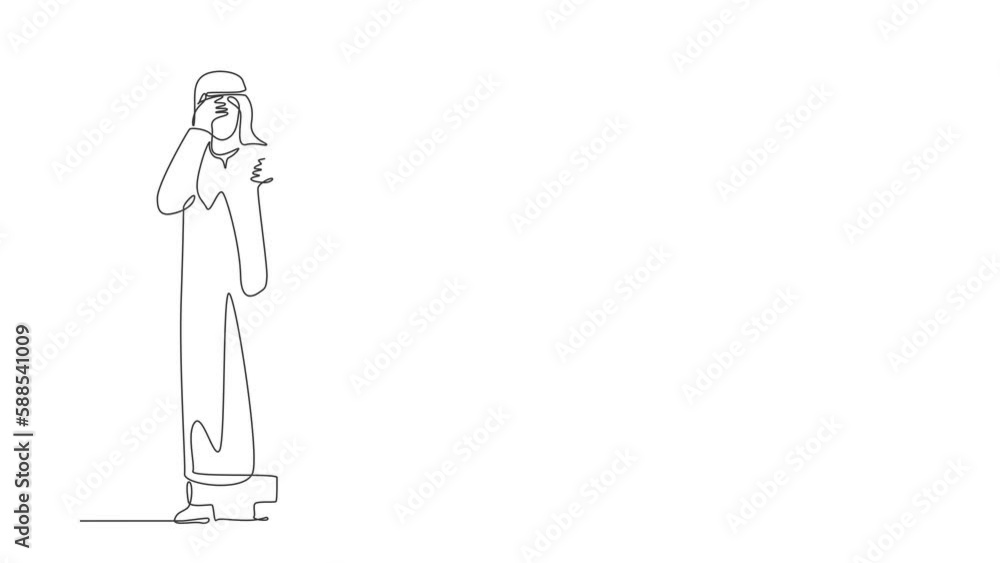Animated self drawing of continuous line draw financial problems. Depressed Arabian businessman standing thinking about finding money for paying bills during crisis. Full length single line animation Animated self drawing of continuous line draw financial problems. Depressed Arabian businessman standing thinking about finding money for paying bills during crisis. Full length single line animation