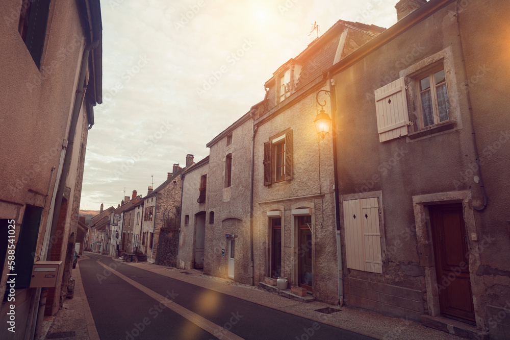 Summer view of Bligny-sur-Ouche narrow streets and stone houses, France
