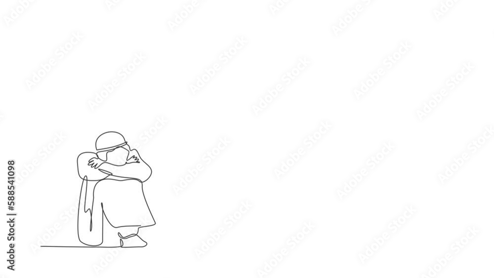 Animated self drawing of continuous line draw Arabian businessman suffer emotion stress with briefcase sitting in despair on the floor. Worker feeling blue and stress. Full length one line animation Animated self drawing of continuous line draw Arabian businessman suffer emotion stress with briefcase sitting in despair on the floor. Worker feeling blue and stress. Full length one line animation