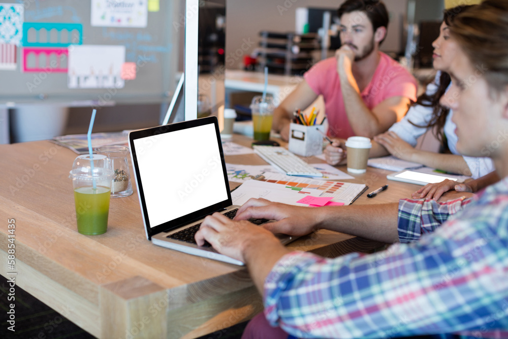 Fototapeta premium Man using laptop while working with team
