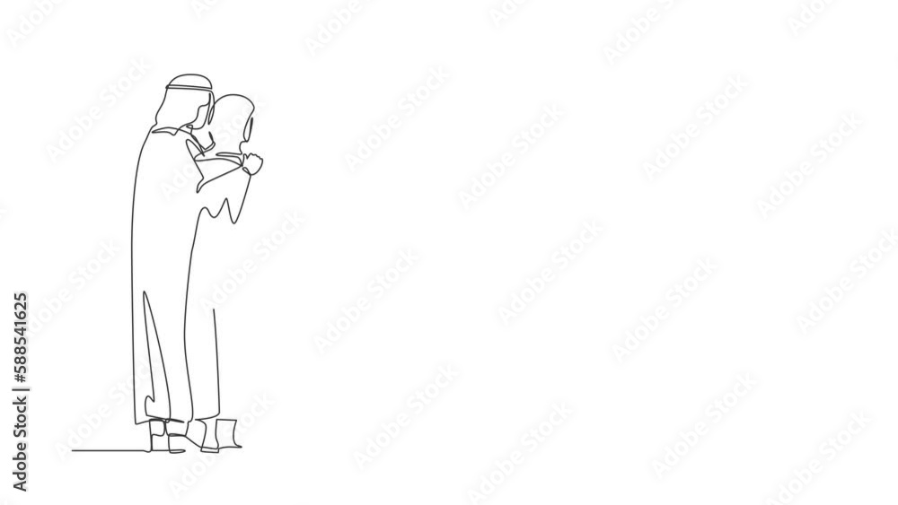Self drawing animation of single one line draw back view happy Arab man ...