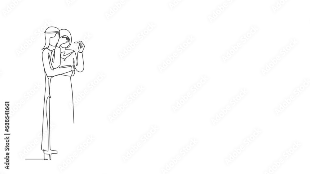 Animated self drawing of continuous line draw sad Arabian couple looking at negative pregnancy test, idea of infertility. Woman man can't have a baby. Unhappy parents. Full length one line animation Animated self drawing of continuous line draw sad Arabian couple looking at negative pregnancy test, idea of infertility. Woman man can't have a baby. Unhappy parents. Full length one line animation