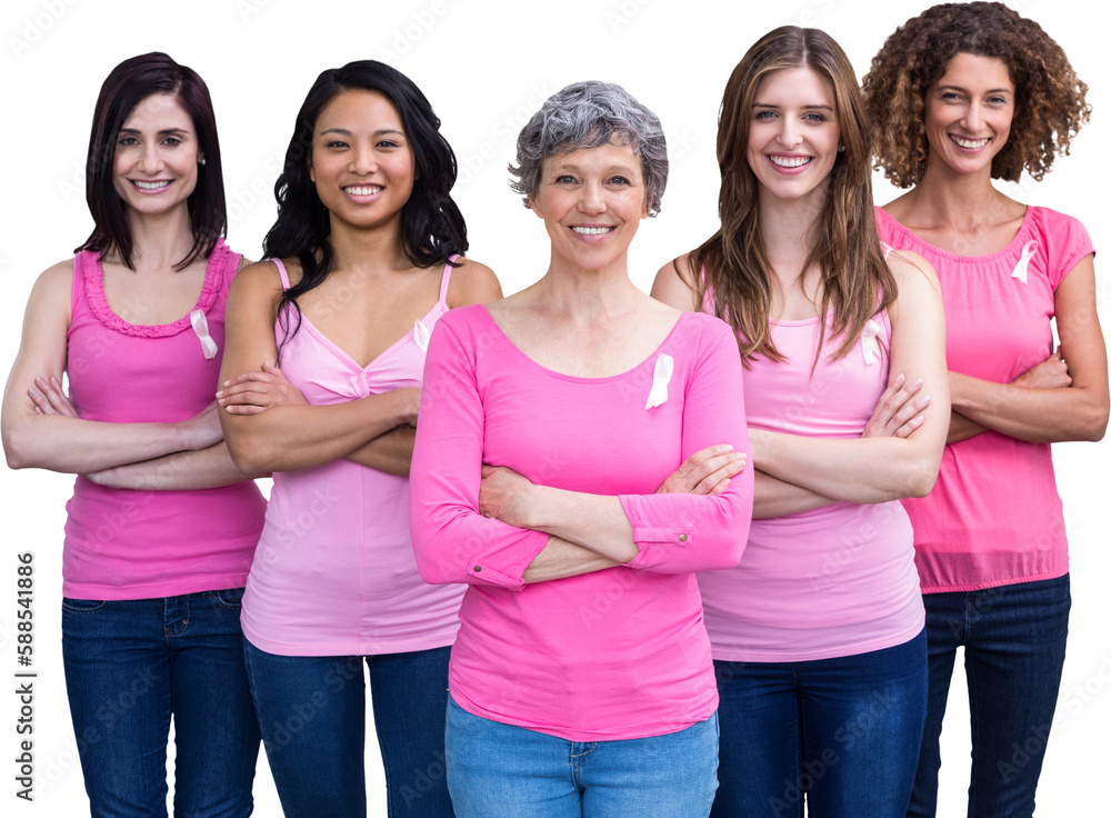 Portrait of smiling females with arms crossed posing for breast cancer awareness Portrait of smiling females with arms crossed posing for breast cancer awareness
