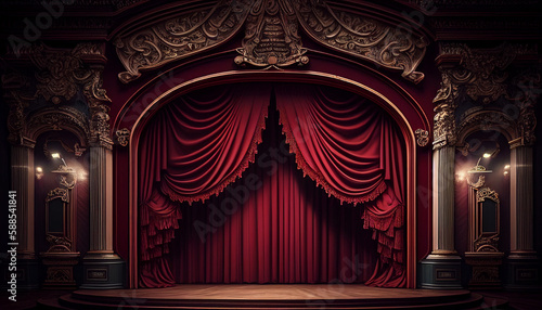 Theater stage with burgundy curtains on both sides created with Generative AI technology