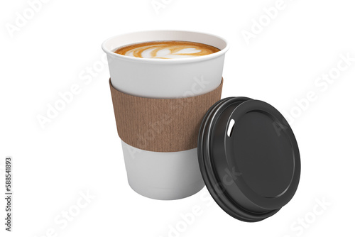 Coffee on white cup in front of its cover
