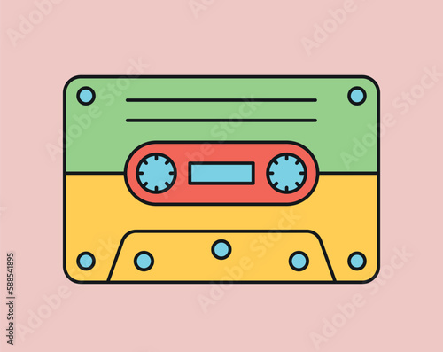 Retro cassette concept. Multicolored inventory for listening to music and storing audio files. Media stereo equipment. Vintage sticker for social media and print. Cartoon flat vector illustration