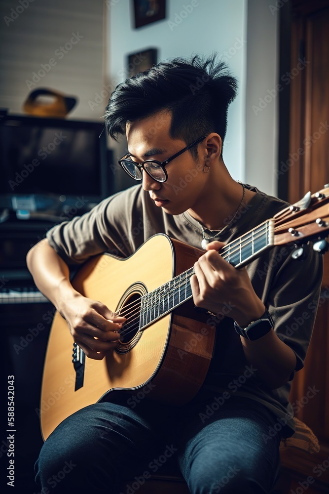Obraz premium Asian young man learning to play guitar at home. Generative AI vertical shot
