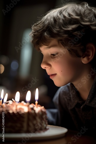 Close up shot of happy boy blowing out candles on his birthday cake. Generative AI vertical shot