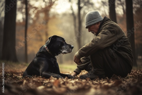 Senior man with his dog during autumn in the park. Profile full body shot. Generative AI