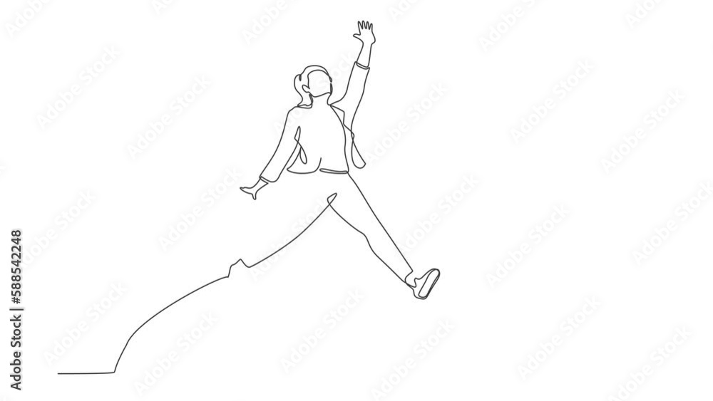 Self drawing animation of single line draw businesswoman jumping with spreads both legs and raises one hand. Saleswoman celebrates salary increase from company. Continuous line. Full length animated Self drawing animation of single line draw businesswoman jumping with spreads both legs and raises one hand. Saleswoman celebrates salary increase from company. Continuous line. Full length animated