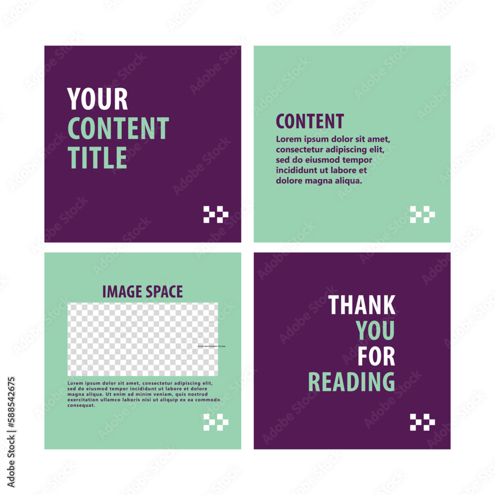 Fototapeta premium Purple and egg blue carousel social media post. Four pages microblog content template. Suitable for commerce, explanation, internet advertising, and promotion media.